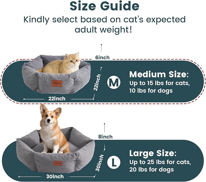 Cat Bed, 22 Inch Washable Corduroy Cat and Small Dog Bed with Removable Cover & Anti-Slip Bottom, Calming Comfort Pet Bed for Pets up to 15 lbs (Gray)