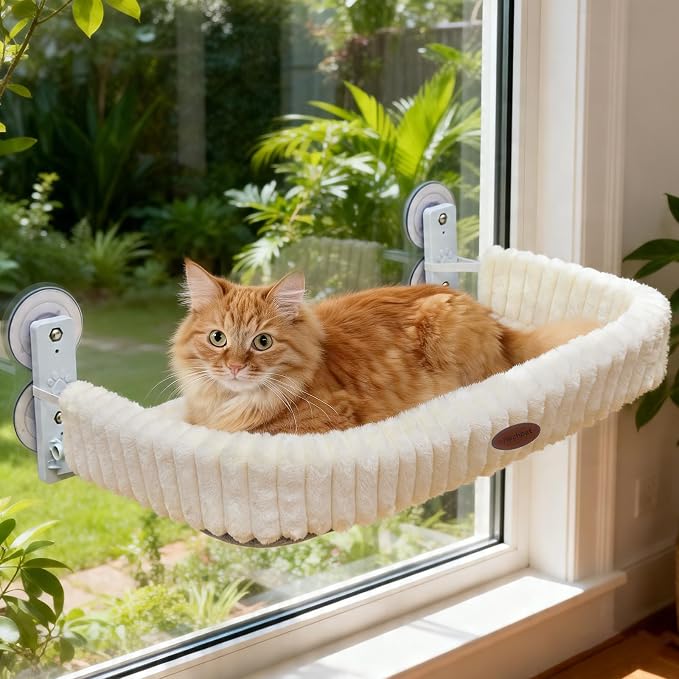 Cordless Cat Window Perch, Large Size Hammock with 4 Strong Suction Cups, Cat Hammock for Window with Two Fabrics Cover, Foldable Bed for Cats, White