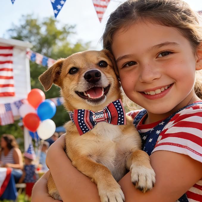 American Flag 4 of July Dog Bow Collar, Independence Day Adjustable Patriotic Dog Collar with Bowtie for Large Dogs,L