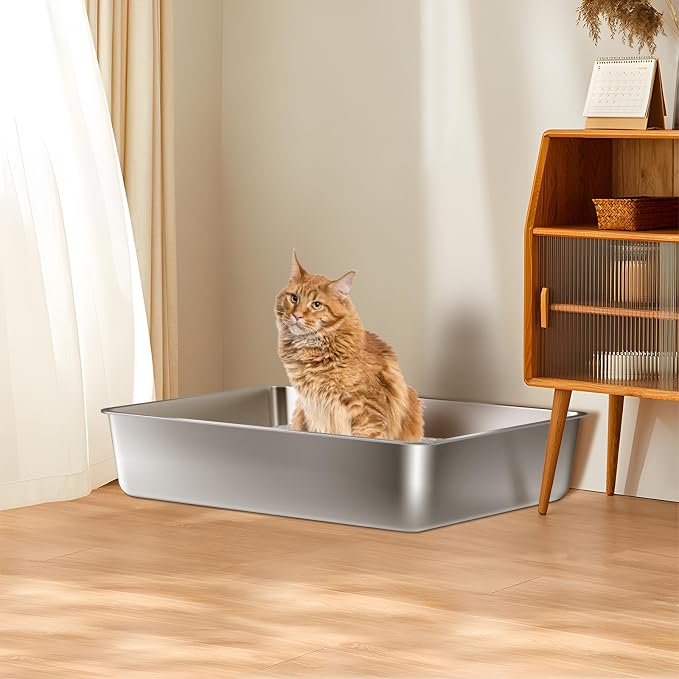 Stainless Steel Litter Box, XXXL Steel Litter Box 28" X 20" X 6" No Smell, Extra Large Metal Litterbox for Big Cat, Multiple Cats, Non Stick, Easy Cleaning