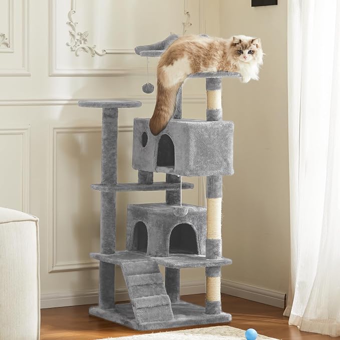 Sweetcrispy 54-inch Cat Tree Tower with Scratching Posts, Indoor Use | Multi-Level Indoor Cat Tree Condo with Climbing Ladder, Plush Toy, Play House for Kitten, Light Grey