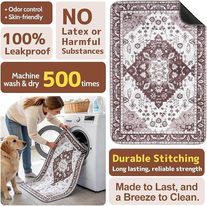 Washable Pee Pads for Dogs, 2 Pack Reusable Puppy Training Pads 24"x18" Super Absorbent Waterproof Dog Training Pads, Non-Slip Potty Pads, Whelping Pads Litter Mat Light Brown Medallion