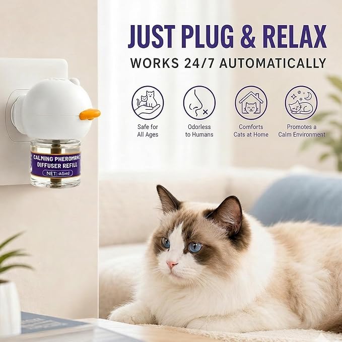 Cat Calming Diffuser with 3 Refills, 3 x 30 Day Cat Pheromone Diffuser for Stress, Fighting, Aggression, Excessive Meowing & Scratching, Best for Multi-Cat Home