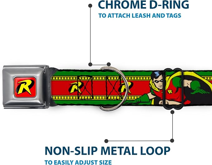 DC Comics Pet Collar, Dog Collar Metal Seatbelt Buckle, Robin Action Pose Logo Stripe Green Yellow Red Black, 20 to 31 Inches 1.5 Inch Wide