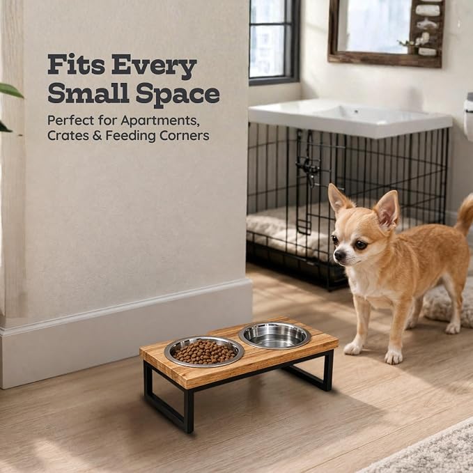 Elevated Dog Bowls, 4” Small Dogs & Cats Raised Bowl Mango Wood Stand, Food & Water 2 Stainless Steel Dishes Each 16oz/2Cup Capacity, Non-Slip Pet Feeder Station in Brown for Toy Breeds
