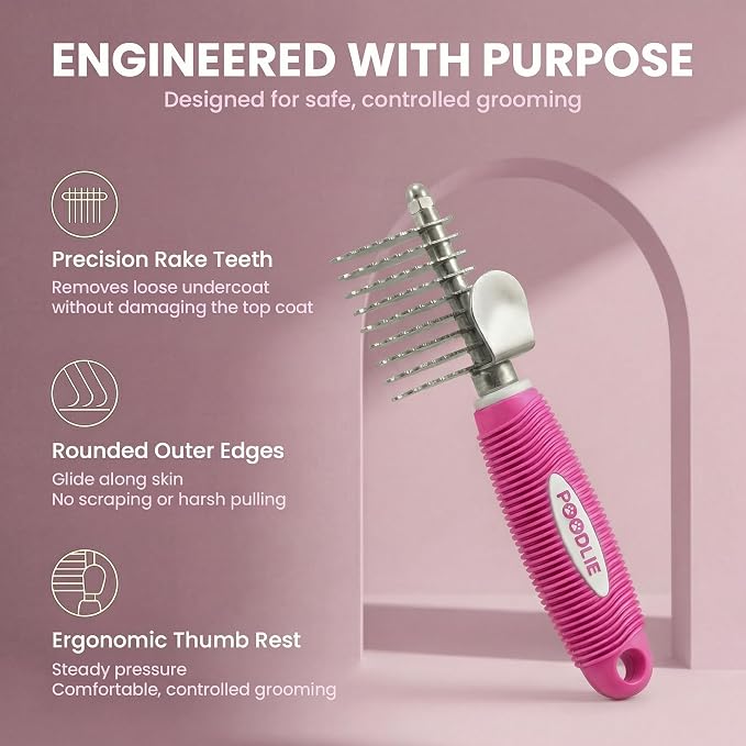 Poodle Dematting Fur Rake Comb Brush for Dogs and Cats - Long 2.5" Steel Safety Blades Metal Comb for Detangling Matted or Knotted Undercoat Hair