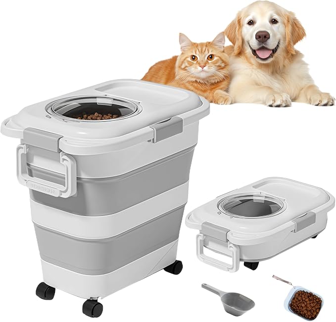 24-28 Lbs Airtight Collapsible Dog Food Storage Container with Wheels & Scoop – Foldable Pet Food Storage Bin for Dog & Cat Food, Animal Food Storage, Dog Supplies Storage Container