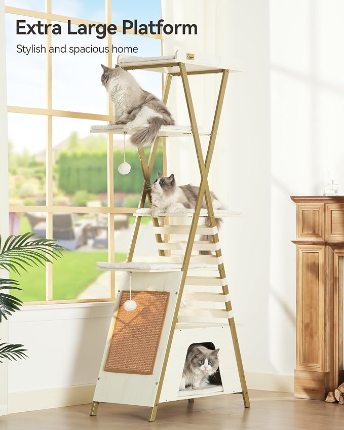 72.4" Cat Tree, Modern Cat Tower for Indoor Cats, Multi-Level Cat Condo with Caves, Tall Cat Tree with Cat Scratching Board, Wooden Cat Tower with Large Perch, Removable Pads, White