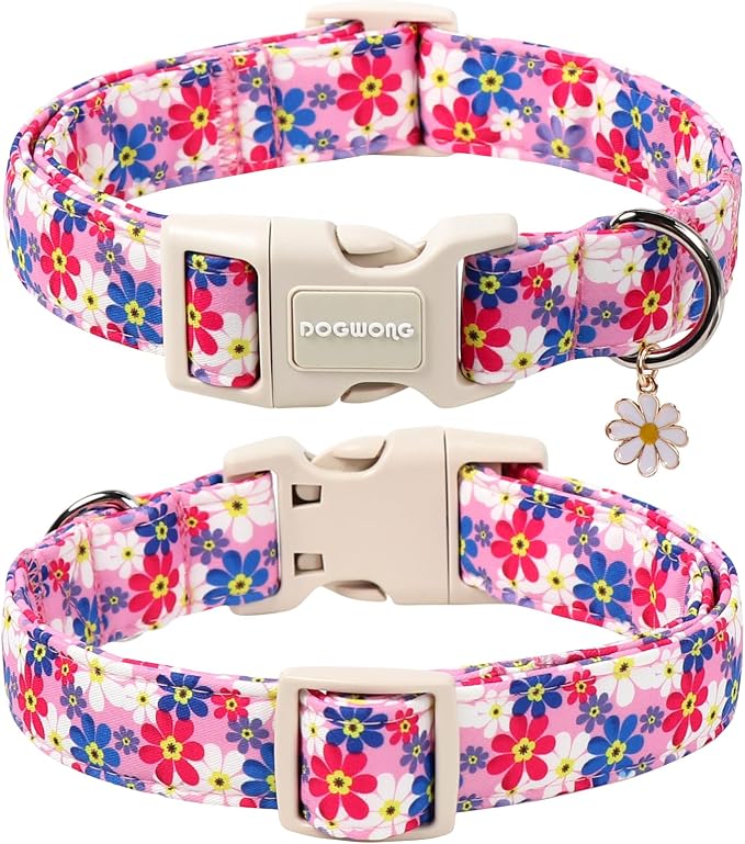 DOGWONG Purple Flower Dog Collar- Cute Daisy Flower Dog Collars Adjustable Girl Female Puppy Dog Collar for Small Medium Large Dogs, L