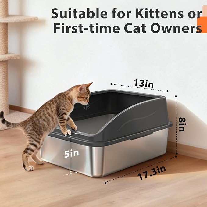AIPERRO Stainless Steel Litter Box | Metal Kitty Litter Box with Lid High Sided for Small Cats or Injured Cats, Bunny Litter Boxes, Low Entry, Odor-Free, Non-Stick,Includes Scoop (Dark Gray, Small)