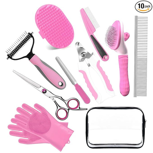 Bath Grooming Kit for Pets, 10pcs Dog Brush for Shedding with Dog Nail Clipper and Trimmer, Dog and Cat Grooming Supplies, Dematting Comb for Dogs, Pet Bath Supplies