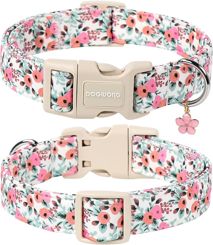DOGWONG Flower Cotton Dog Collar, Spring Summer Cute Pink Dog Collar Durable Soft Fabric Pet Dog Collars Female Girl Necklace for Small Medium Large Dogs
