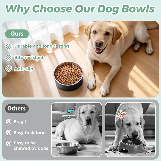 LIHONG Stainless Steel Dog Bowls for Large Dogs,Dog Food Water Bowls with Non Slip Rubber Bottom,Pet Feeding Bowl,Double Wall Insulated,Rustproof(64oz,Black)