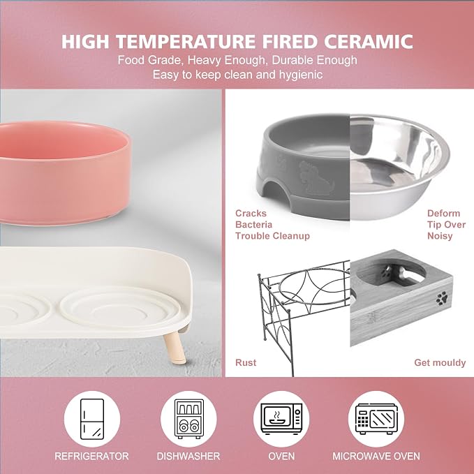 Raised Cat Food and Water Bowl Set - Elevated Ceramic Dishes with Non-Slip Stand and Splash Guard for Small Dogs - 2 x 320 ML (4.9 OZ) - Pink