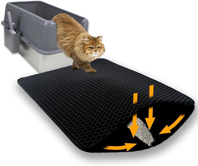 Cat Litter Box Mat,Double-Layer Honeycomb Litter Trap 30"x22" Blakc | Catches Scattered Particles to Stop Tracking,Waterproof Design Urineproof Base Protects Floors, Easy to Clean, Indoor Cats