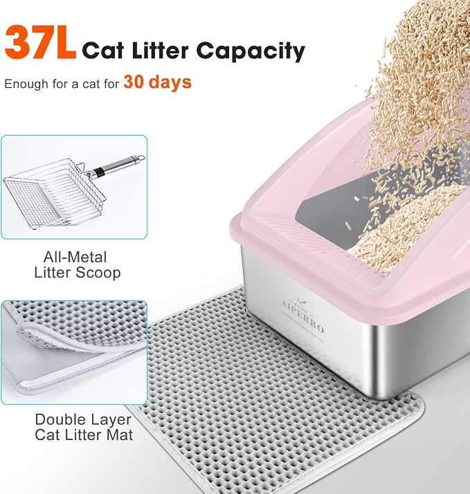 AIPERRO Stainless Steel Litter Box | XL Enclosed Cat Litter Box with Lid for Big Cats | High Sided, Anti-Urine Leakage | Non-Stick Bottom & Includes Litter Mat & Metal Scoop | Cute Pink