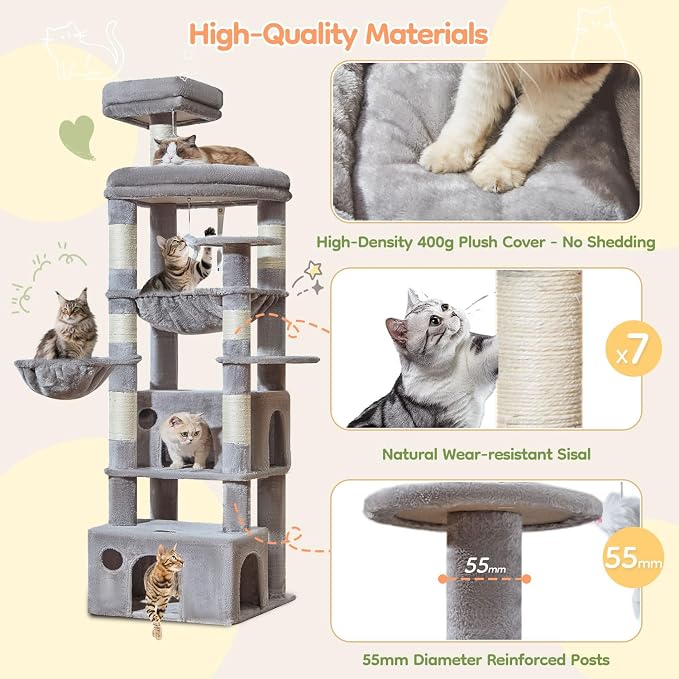Taoqimiao 76.8in Cat Tree, Heavy Duty Tall Cat Tower for Large Cats F40W | Easy Climbing, Extra Large Sturdy Base, Multi-level Tower, 7 Scratching Posts, Large Hammock, 2 Houses, 2 Perches