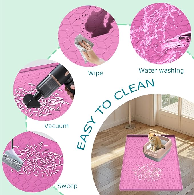 Cat Litter Mat, Silicone Large Cat Mat for Litter Box - 28x22 in, Waterproof & Non-Slip, Durable & Easy Clean, Pink