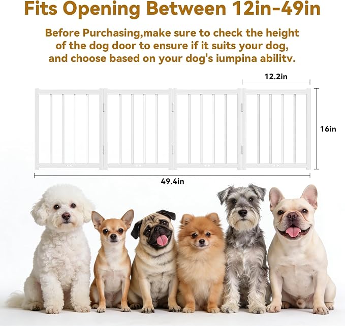 Snuowu 16" Freestanding Short Dog Gate for Small Dogs – Foldable & Retractable, Expands Up to 48" Wide, 4-Panel Pet Barrier for Doorways, Stairs & Hallways (White)
