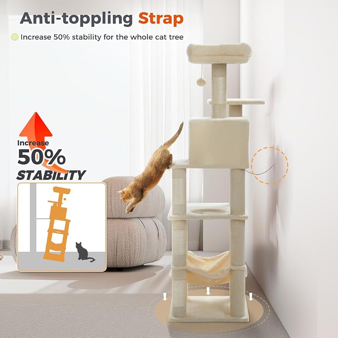 PEQULTI 56.3'' Cat Tree for Indoor Cats, Multi-Level Cat Tower with 2 Top Perch, Cat Condo, Hammock and Sisal-Covered Scratching Post, Beige