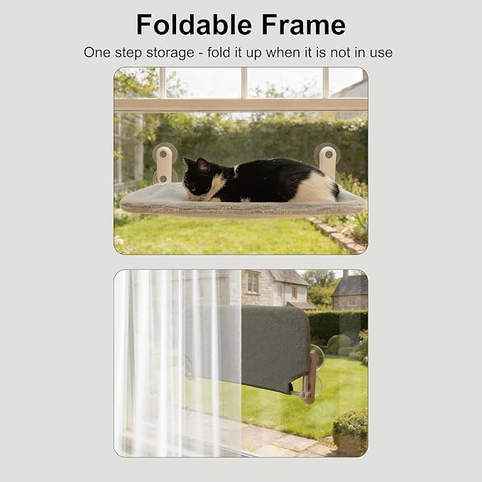 YGP Ultra-Soft Fleece Hammock for Cats Window Perch Bed Design | Foldable No Drilling 40lbs Tested Hold 4 Strong Suction Cups Heavy-Duty Metal Frame Space-Saving Fold-Down