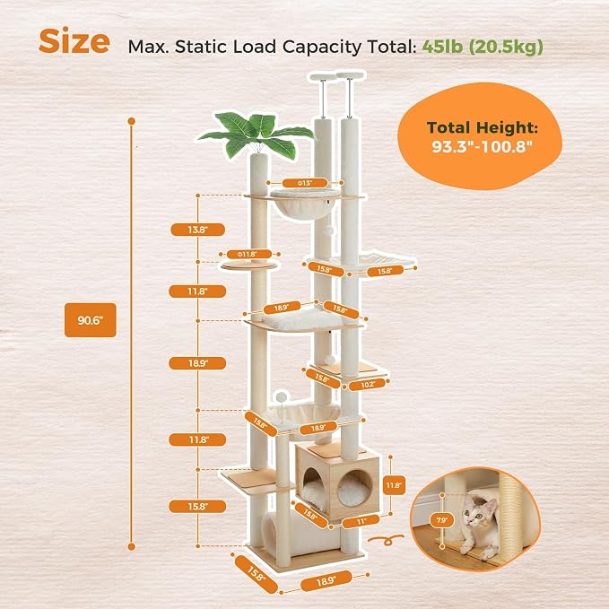 PEQULTI Floor to Ceiling Cat Tree, 93-101'' Adjustable Wooden Tower, Beige | Tri-column tower with ceiling posts & wall straps; 7 levels, condo, large hammock, 6 sisal posts & perches for adult cats
