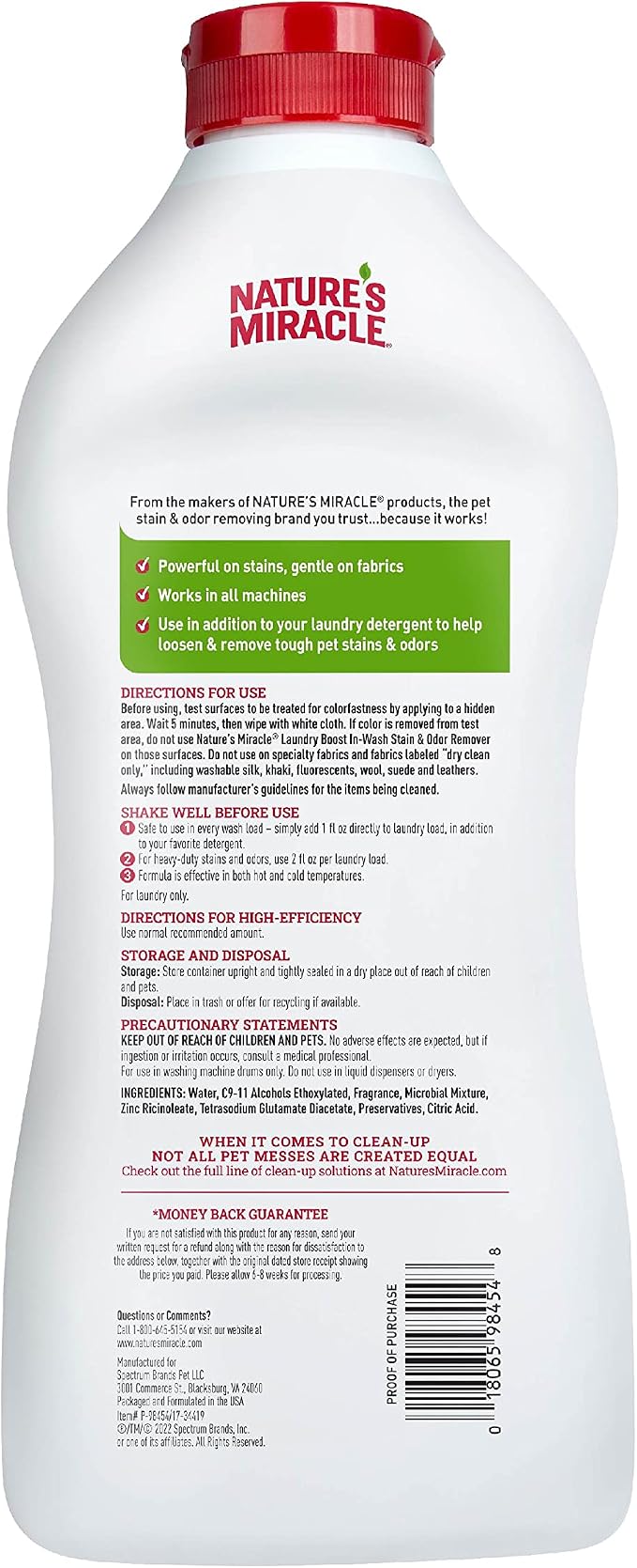Nature's Miracle Laundry Boost In-Wash Pet Stain & Odor Remover, 32 oz | Bio-Enzymatic Formula Breaks Down Tough Stains & Odors, Gentle on Fabrics, Use With Laundry Detergent