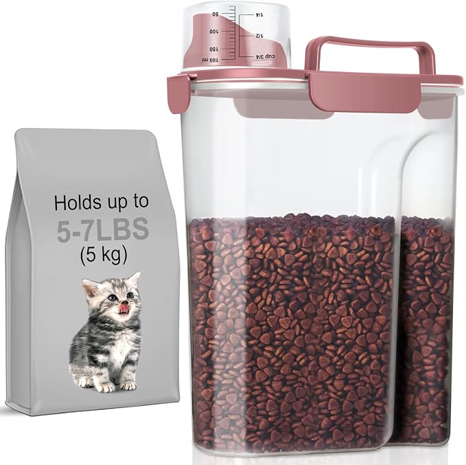 LEAWALK 5-7Lbs Airtight Pet Storage Container For Cat Dog Bird Food and Keep Fresh, Translucent Body, Upgraded Large Nozzle for Easy Pouring With Handle Design Easy to Carry When Going Out-Pink