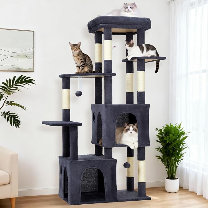 61" Large Cat Tree Tower for Indoor Cats, Heavy-Duty Multi-Level Cat Condo for Maine Coon & Big Cats with Extra-Large Perch, 2 Spacious Houses, Sisal Scratching Posts & Hanging Toys-Dark Gray