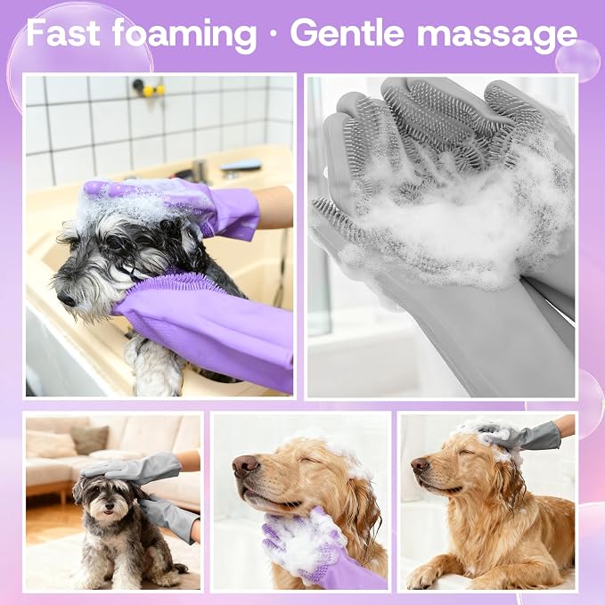 2-Pair Pet Hair Remover Glove for Dogs and Cats Washing, Grooming, & Deshedding – Multipurpose Silicone Dog Bath Gloves, Cat Brush Glove Mitt for Pet Cleaning & Household Use (Purple & Grey)