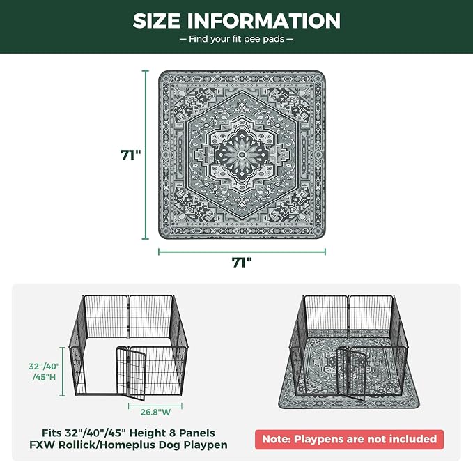 FXW Washable Pee Pads for Dogs, Super Absorbent, 71" Square, 1 Pack | Machine washable, Non-slip backing, Fits 32"/40"/45"H 8-Panel FXW Rollick/Homeplus Playpens
