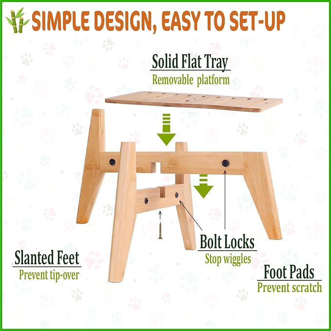 Dog Water and Food Dispenser Stand for Medium Dogs - Adjustable, Bamboo | Use to Elevate, Raise, Hold Gravity or Automatic Food Feeders and Water Bowl Dispensers - Medium
