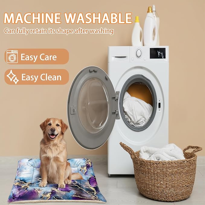 HOSIMA 38L*32W Inch Marble Golden Grain Ink Fluid Print Pet Mat for Under Dog Crate,Blue Fuzzy Washable Pet Crate Pad,Plush Soft Cozy Pad Suitable for Small Dogs Sleeping.