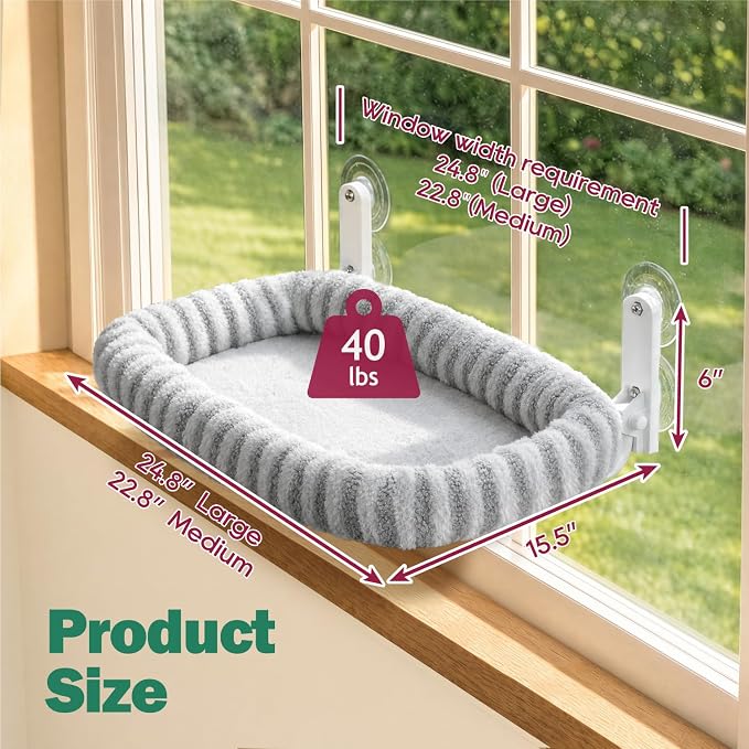Zakkart Mellow Foldable Cat Window Perch, Upgraded Suction Cups (Gray, L) | Curtain-Friendly, Dual-Fabric Striped Machine Washable Bed, Heavy Duty ABS & Metal Frame, Hold up to 40 lbs., 24.8"W x 15.5"D