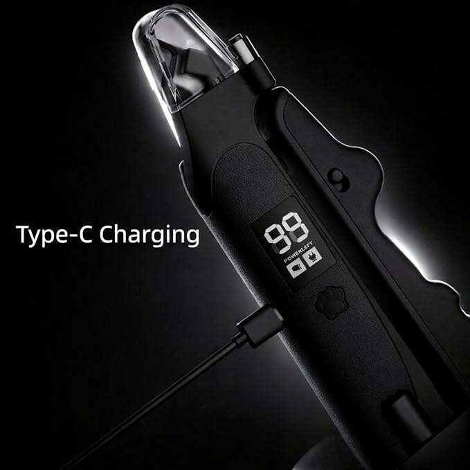 2-in-1 Dog Cat Nail Clippers with Light Bloodline Indicator & Electric Grinder – Type-C Rechargeable Dog Cat Nail Trimmer – Low Noise Grooming Tool with Battery Display (Matte Black)