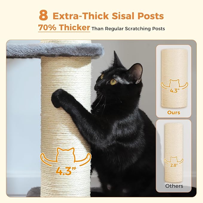 Heavy Duty Cat Tree for Maine Coon – 67" Tall Cat Tower with 7 Thick (φ4.3) Scratching Posts, XXL Cat Condo with Super Large Perch & Cozy Hammocks, Engineered for Big Cats (20+ lbs) - Gray