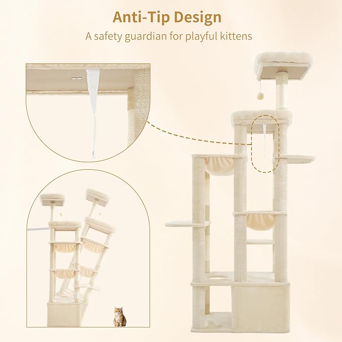 Heybly Cat Tree, 71-Inch Tall Cat Tower for Large Maine Coon Cats HCT03MG | Cat Condo Furniture with Extra-Large Baseboard, Multi-Level Platforms, 2 Hammocks and 12 Scratching Posts, Beige