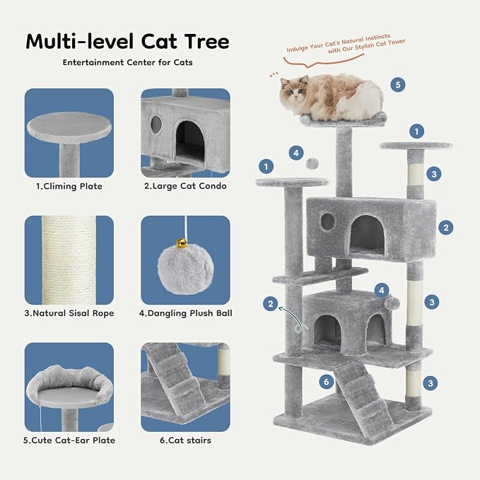 DUMOS 54 Inch Cat Tree Tower with Scratching Posts | Indoor Multi-Level Pet House for Large Cats with 2 Condos, Round Platform, Small Ladder and Toys, Light Grey