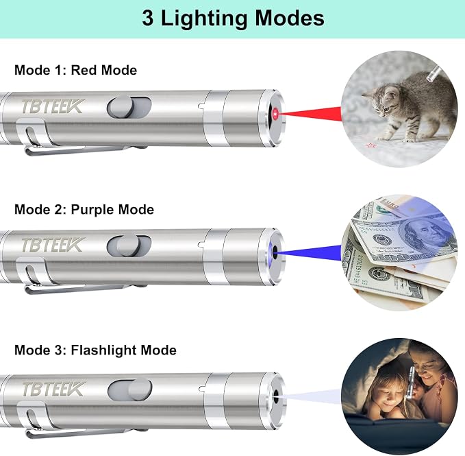 TBTeek Cat Toys, Rechargeable, 3 Light Modes & 5 Adjustable Patterns, Portable Interactive Kitten Pet Dog Cat Mouse Toy for Fun Chase Play Exercise（3 Pack）