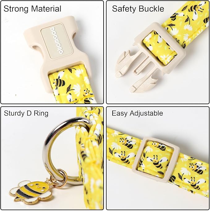 DOGWONG Cute Cotton Dog Collar for Small Medium Large Dogs Cute Yellow Bee Dog Collar for Boy Girl Dogs,S