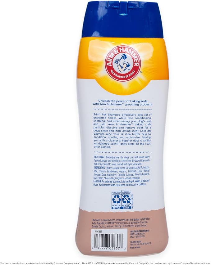 Arm & Hammer 5-in-1 Dog Shampoo, Vanilla Sandalwood, 20 Fl Oz | Oatmeal formula with aloe, shea butter, and baking soda cleans, conditions, and cares for the coat