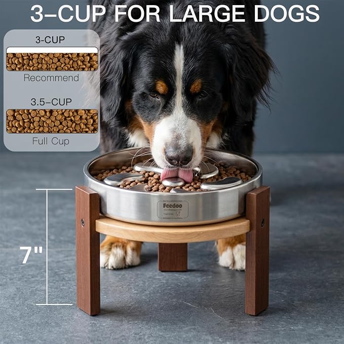 Feedoo Elevated Dog Bowl Stand, 7'' Height Raised Stand for Large Dogs, Includes 3Cups Stainless Steel Slow Feeder Dog Bowl, Durable Solid Hardwood