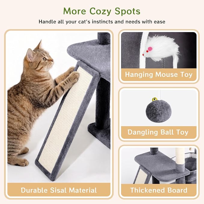 89 inch Cat Tree Tower - Extra Tall Multi-Level Cat Furniture with 2 Cozy Condos, Natural Sisal Scratching Posts, Plush Perches and Hammock for Large Indoor Cats (Dark Gray)