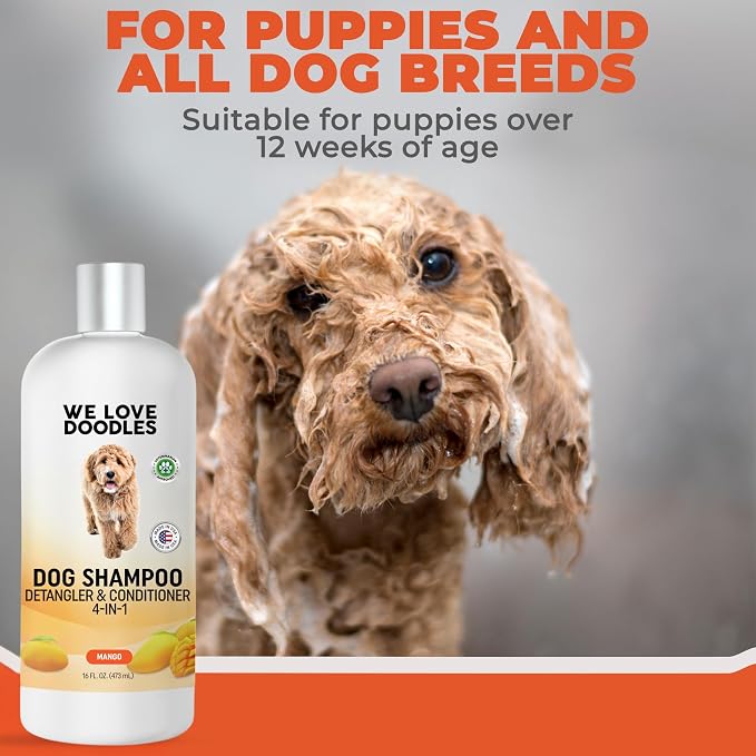 Dog Shampoo, Conditioner & Detangler, Hypoallergenic, Tearless, Mango, 16OZ | For Sensitive Itchy Skin, Hypoallergenic, Tearless, Best Shampoo For Smelly Dogs, Goldendoodle, Poodle & Doodle, Made in USA