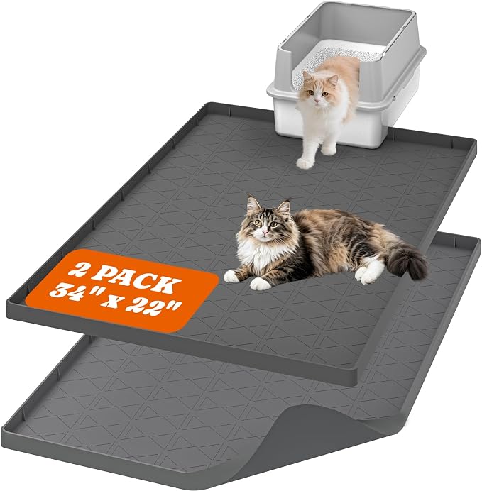 Pawtners Silicone Cat Litter Mat 34 x 22 in, Easy to Clean, 2 Pack | Waterproof & Urine-Proof Cat Litter Mat Litter Trapping Mat, Soft on Kitty Paws,Non-Slip Kitty Litter Mat for Floor