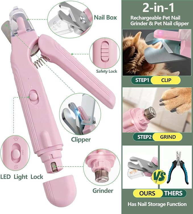 2-in-1 Dog Nail Grinder & Clippers with Dual LED Lights, Electric Pet Nail Trimmer with Safety Guard, USB-C Rechargeable Grooming Tool for Cats and Dogs of All Sizes Pink