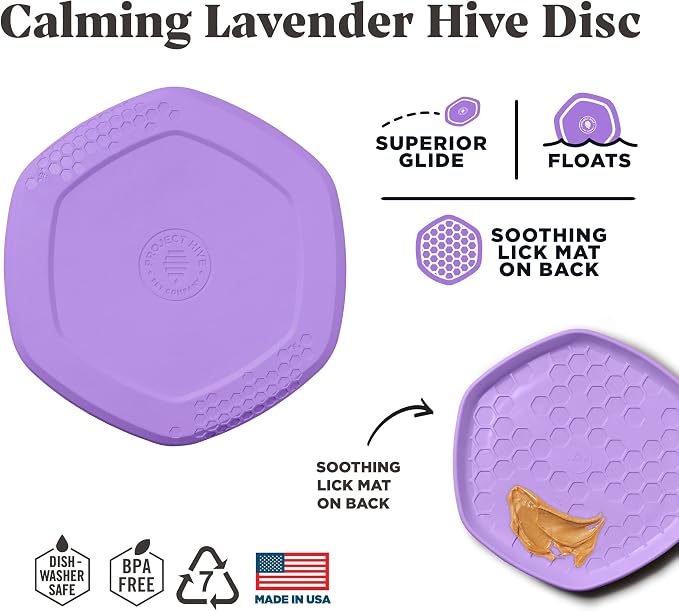 PROJECT HIVE ·PET COMPANY· Dog disc - Great for Fetch - Includes a Lick mat on Back - Floats in Water, Smooth Glide - Made in The USA (Calming Lavender)