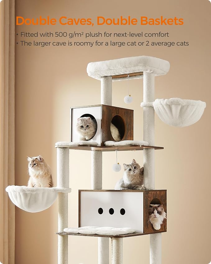 Feandrea Cat Tree, 75.6-Inch Modern Cat Tower, Tall Multi-Level Condo with 2 Caves, 2 Hammocks, 4 Scratching Posts, Self-Groomer, Tunnel, Perch, Rustic Brown UPCT193X01 | Tall Cat Tower, 4 Scratching Posts, Self-Groomer, Tunnel, Perch, Rustic Brown, CA...