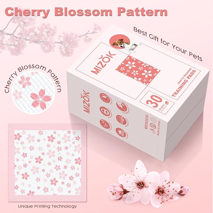 MIZOK Puppy Pads Pink 22x22in, Stay-Put Training Mats with Pheromone Attractant, Decorative Cherry Blossom 6-Layer Absorbent Dog Pee Pads, Disposable (30 Count)