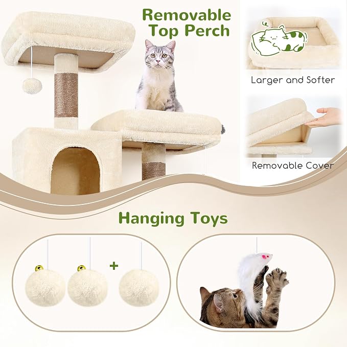 Globlazer Extra Tall Cat Tree Tower for Indoor Cats, 76in, F76, Beige | Multi-Level Cat Furniture with Cozy Condos,Hammock and Perches for Large Adult Cats, Perfect for Climbing, Scratching